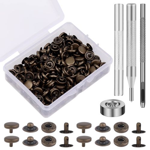 SUVSOON 50 Sets Snap Button Kits, Leather Snaps Fasteners Kit 10mm Metal Buttons Snap with 4pcs Snap Fastener Installation Tools for Sewing Clothing, Bracelets, Jackets, Bags Belt, DIY Crafts (Bronze)
