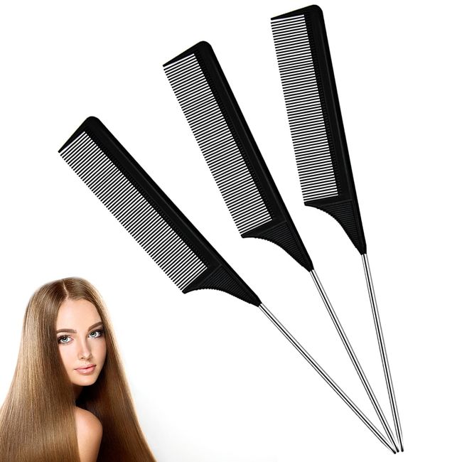 Olisang 3 Stück Neckerei Kämme, Metall fein Nadelstielkamm Carbon Kamm, Starker Langlebiger stielkamm, Haarkamm Rat Tail Comb, haarfarbe kamm für Frauen und Männer