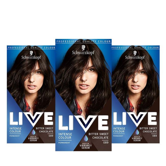 Schwarzkopf Live Intense Colour Brown Hair Dye, 3-Pack Permanent Colour & Built-In Vibrancy Serum, Covers Greys, 089 Bitter Sweet Chocolate