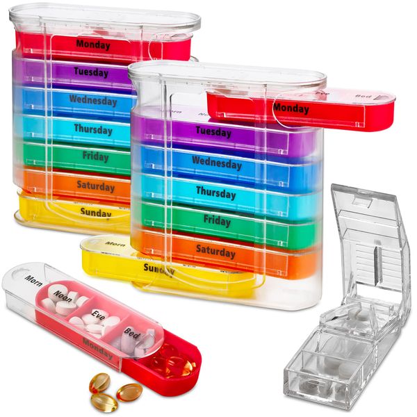 Weekly Pill Organizers with Pill Cutter - V-Grip Pill Splitter (Pack of 2) Stackable Pill, Medicine, Vitamin Organizer with 4 Times-a-Day Daily Compartments, 2 Dispensers with Stackable AM/PM Boxes