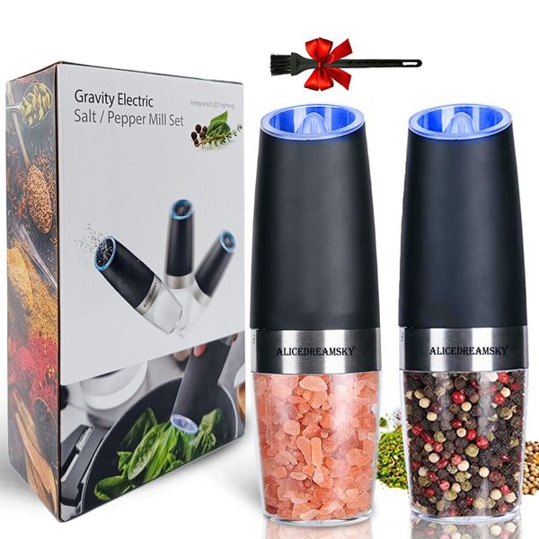 2 Pack Gravity Electric Salt and Pepper Grinder Set Automatic Battery Powered Salt Mill, Adjustable Coarseness, with Blue LED Light, One Hand Operated