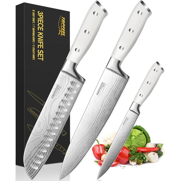 Topfeel 3PCS Professional Chef Knife Set, Ultra Sharp Japanese Kitchen Knife, German High Carbon Stainless Steel 8 inch chef's knives 7 inch Santoku Knife 5 inch Utility Knife with Gift Box