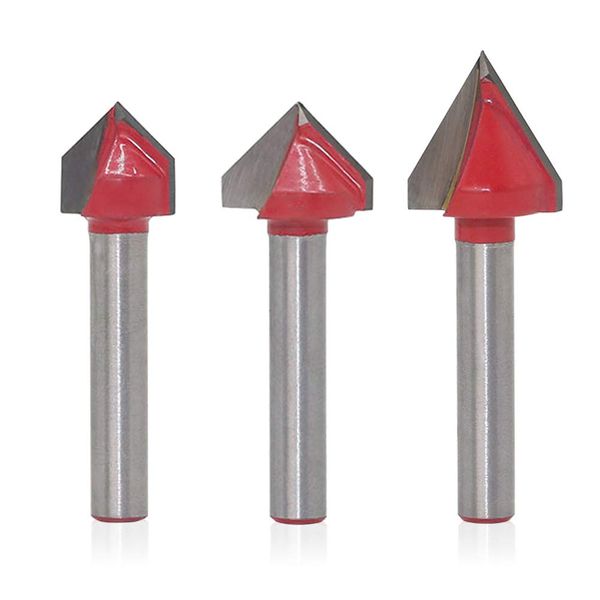 Saipor 3pcs V-Groove Router Bit Carbide Trimmer, 3D CNC Carving Woodworking V-Shaped Milling Cutter, Carving Bit, 0.2 inch (6 mm) Shank Diameter (60+90 Degrees)