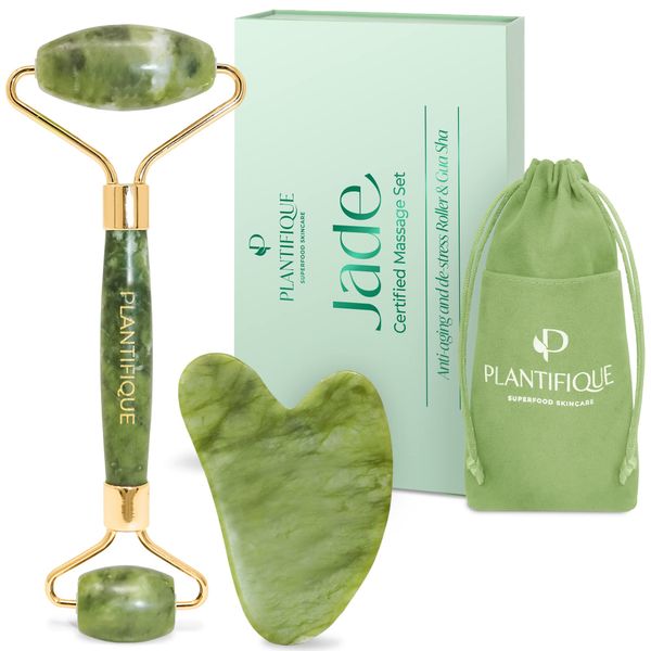 Plantifique Jade Roller and Gua Sha Set - Face Roller and Gua Sha Stone - Anti Aging Face Rollers for Women & Men - GuaSha Tool and Face Massager - Skincare Facial Beauty Products