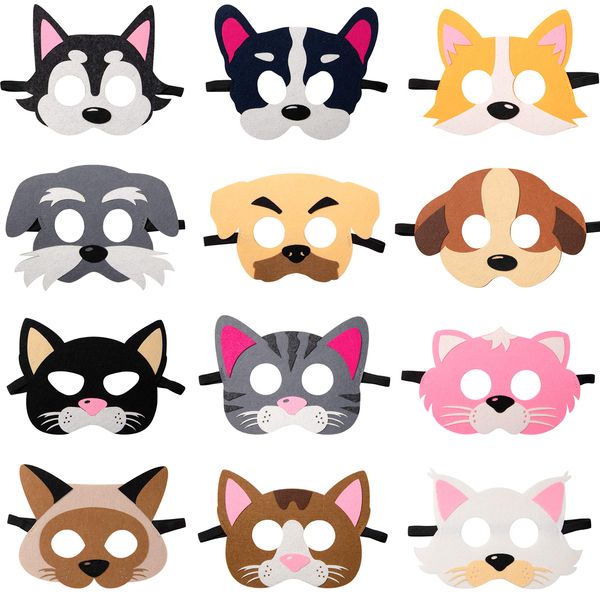 GROBRO7 12 Pack Dog Cat Felt Toy Masks for Kids, Animals Cosplay Costume Masks, Puppy Kitty Pretend Play Accessories, Role Playing Game Props, Dog Cat Theme Birthday Dress-Up Party Favor Decoration