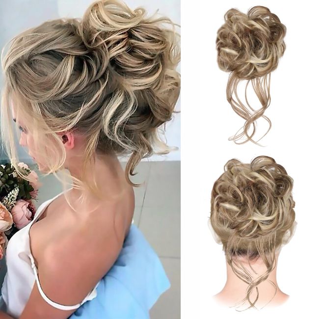 Messy Bun Hair Piece 1Pc, Tousled Updo Hair Bun Extension Ponytail Hair Scrunchies with Elastic Hair Band Hairpiece Synthetic Hair for Women, Light Blonde mix Brown