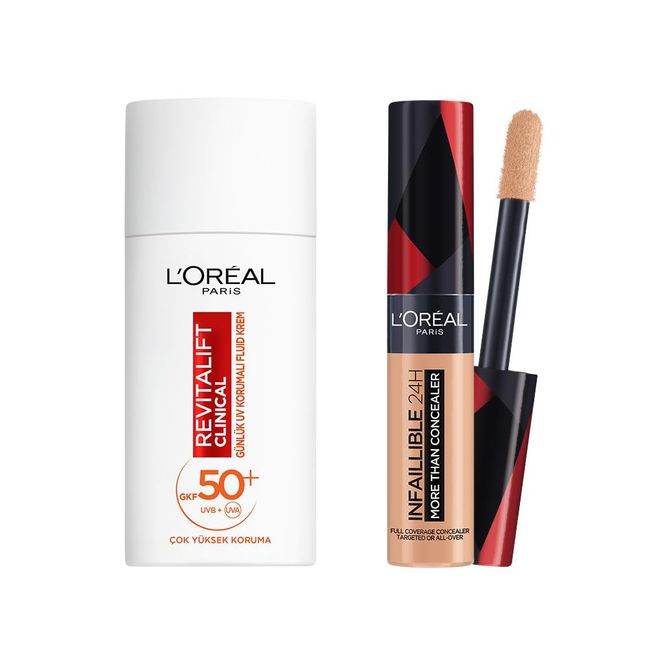 L’Oréal Paris Infaillible Tüm Yüze Uygulanabilir Kapatıcı 327 Cashmere & Revitalift Clinical SPF 50+ Günlük Yüksek UV Korumalı Yüz Güneş Kremi 50 ml Set