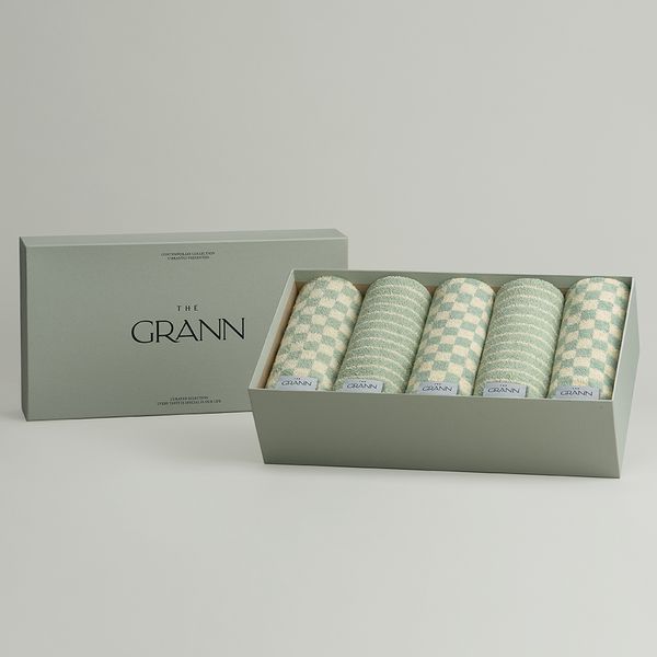 [Exclusive] [Gift Wrapping] Mint Stripe &amp; Frosty Green Checkerboard (5P) Gift Set - Gran Signature Face Towel