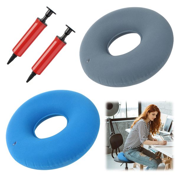 2Pcs Donut Cushion Seat Hemorrhoids Donut Seat 38cm Pillow Ring Cushion for Pressure Relief, Portable Orthopaedics Pillow Seat with Air Pump for Hemorrhoid Surgery Tailbone Coccyx（Blue Gray）