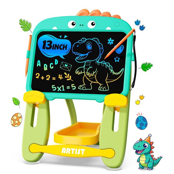 TEKFUN LCD Writing Tablet Doodle Board, 13 Inch Green Adjustable Standing Art Easel for Toddler, Dinosaur Erasable Drawing Board for Kids, Educational Toys Birthday Gift for 1-6 Year Old Boys