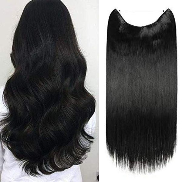 Silk-co 16in Wire in Hair Extensions Black One Piece Hairpiece Sythetic Hidden Elastic Long Straight Half Head