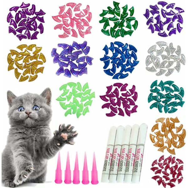 100Pcs Cat Nail Caps Glitter Cat Paw Covers Kitten Nail Caps Pet Tips with Adhes