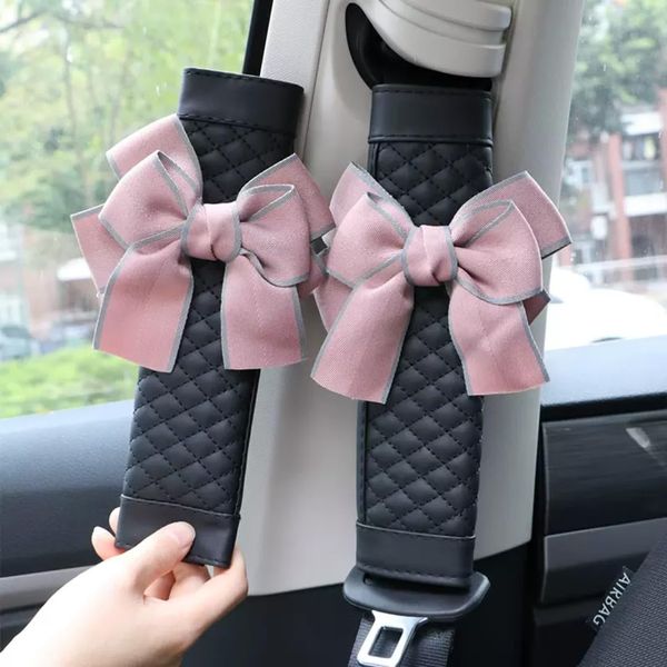 ZigiHos Cute Bow Leather Car Seat Belt Cover Pads 2 Packs & 4 Packs Soft Seat Belt Cover for Shoulder Pad Neck Cushion Protector Car Accessories Universal Seat Belt Cover (Pink,4)