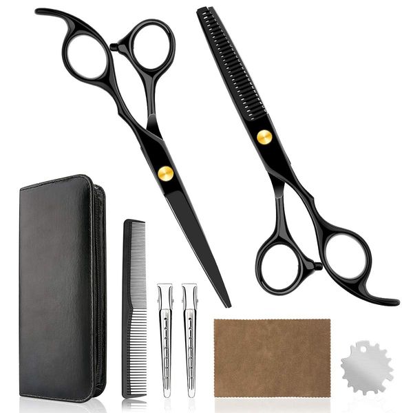 Professional Home Hair Cutting Kit - Quality Home Haircutting Scissors Barber/Salon/Home Thinning Shears Kit with Comb and Case for Men and Women (Black #2)