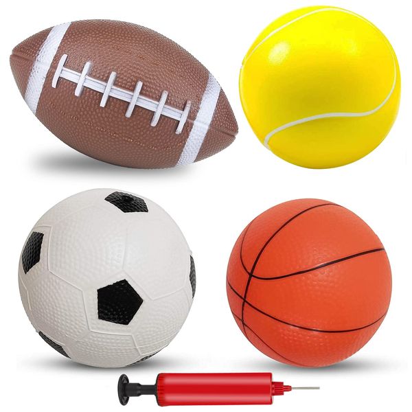 Hymaz 4 Pcs Playground Ball for Kids, Set of Soccer Ball, Basketball, Tennis Ball, Rugby Ball, Playground Balls for Kids Ages 3-8-12,Indoor Outdoor Rubber Balls Soft Bouncy with Ball Pump Gifts Games