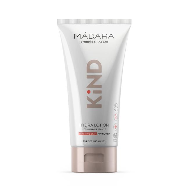 MÁDARA Bio-Hautpflege | KIND Hydra Lotion, 175 ml – Bio-zertifizierte, Regenerierende Körperlotion, Spendet Feuchtigkeit Und Pflegt Empfindliche Haut, Geeignet Für Die Ganze Familie