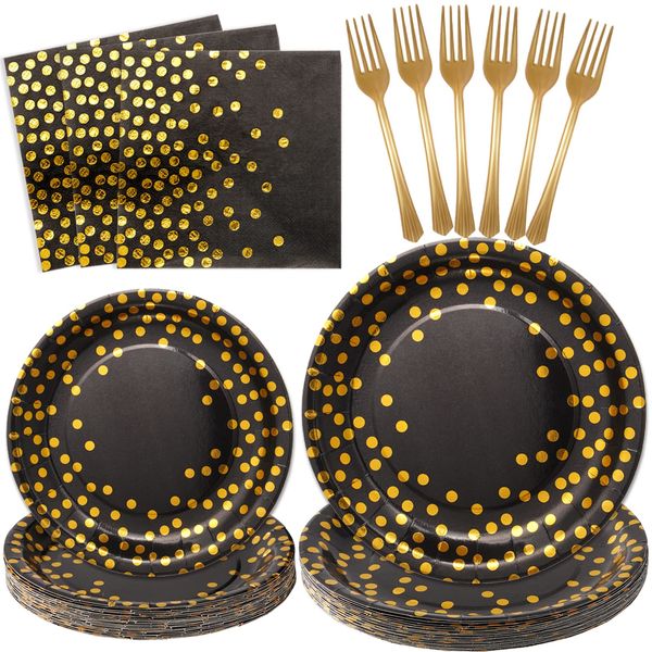 SCIONE Black and Gold Party Supplies 96PCS Golden Dot Party Dinnerware Includes Paper Plates, Napkins, Forks for Graduation, Birthday, Cocktail Party, Serves 24