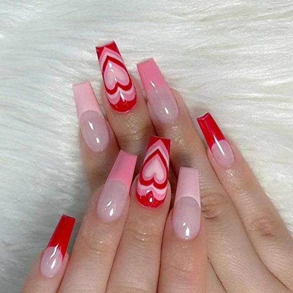 Bufenia French Coffin False Nails Flash Gradient Nude Pink Press on Nails Glitter Heart Rhinestones Ballerina Fake Nails Glossy Acrylic Nails for Women and Girls 24Pcs (Red Heart)