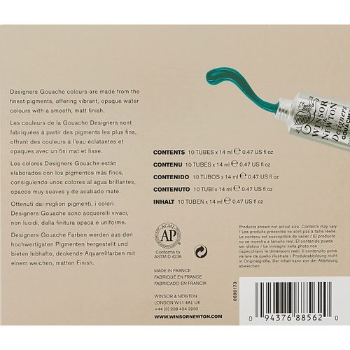 Winsor & Newton, Designers Gouache, Introductory Paint Set, 10 x 14 ml Tubes Assorted Colours