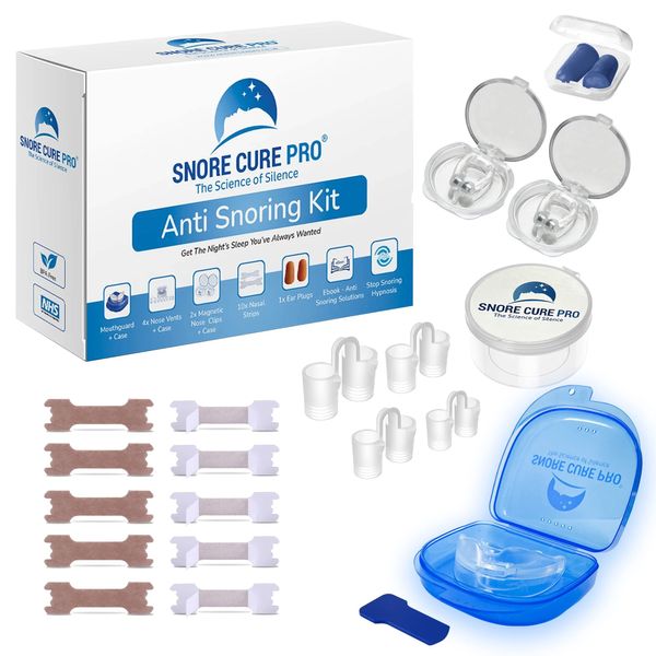 Anti Snore Devices Kit | 1 Mouth Guard | 10 Nasal Strips | 4 Nose Vents | 2 Nose Clips | Ear Plugs | Custom Stop Snoring Hypnosis Recording + Ebook | Premium Snoring aids for Men & Women