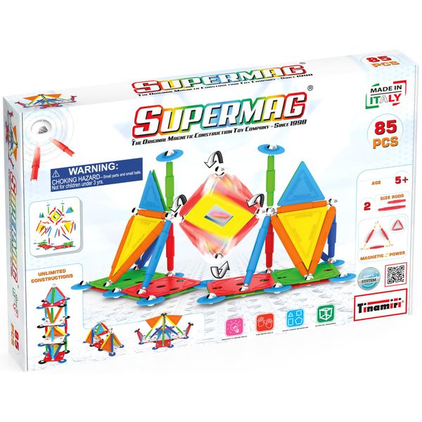 Tinamiri SUPERMAG - Multicolor 85 | Educational Construction Fun | 85 Piece Set | Europe-Made | STEM | Toy Magnetic Building Sets | Magnet Toys |Supermag 0658