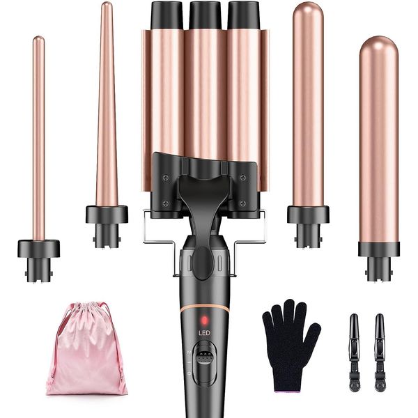 BESTOPE PRO Waver Curling Iron - 3 Barrel Hair Crimper Iron, 5 in 1 Curling Wand Set, Fast Heating Up Hair Wand with 2 Clips, Crimper Wand Curler for All Hair Type, Storage Bag & Heat Protective Glove