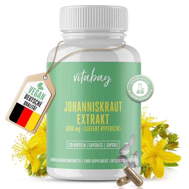 Vitabay Johanniskraut Extrakt 5000 mg • 120 vegane Kapseln • St. John's Wort • Hochdosiert • Liefert Hypericin • Schonende Verarbeitung • Made in Germany