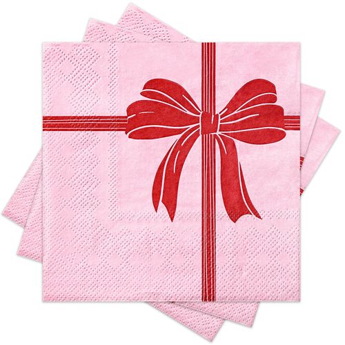 RUSPEPA 50 Pcs Pink Bow Napkin Paper, 3 Ply Disposable Red Bow Ribbons Deisgn Cocktail Dinner Paper Napkins for Wedding, Bridal Shower, Valentine's Day, Tea Party, Garden Party, Birthday, 5 x 5 Inch