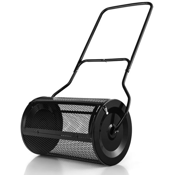 COSTWAY 27” Compost Spreader, 76L Peat Moss Top Dressing Roller Spreader with U-shaped Handle & Side Latches, Durable Metal Mesh Basket Push Fertilizer Spreader for Lawn and Garden (Black)