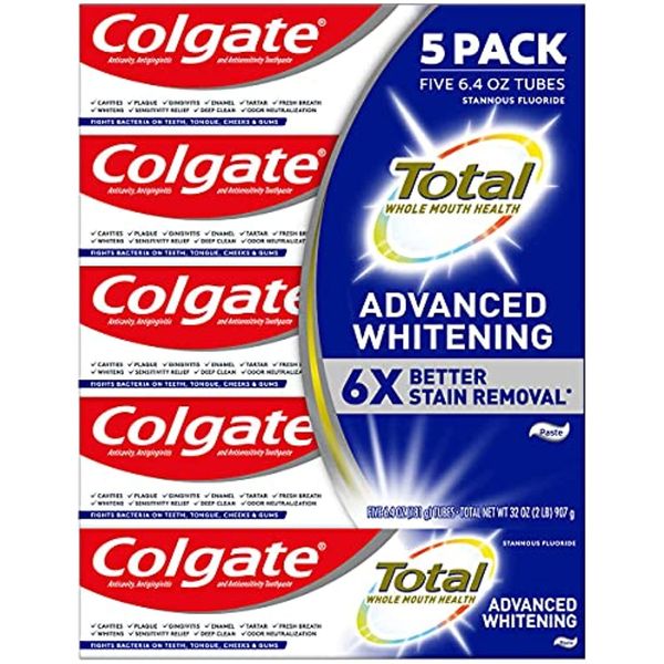 Colgate Total Advanced Whitening Toothpaste, 6.4 oz, 5-Pack | Vegan | Gluten Fre