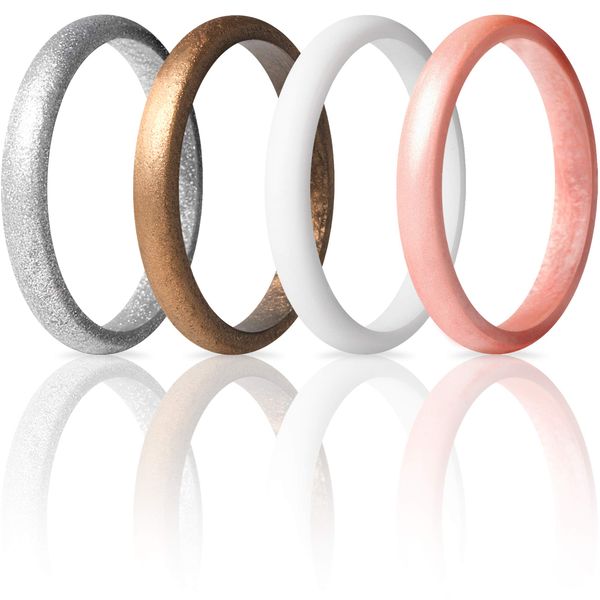 ThunderFit Women's Thin and Stackable 4 Pack Silicone Rings Wedding Bands 2.5mm Width - 2mm Thick (Rose Gold, Silver, White, Women Bronze, 6.5 - 7 (17.3mm))