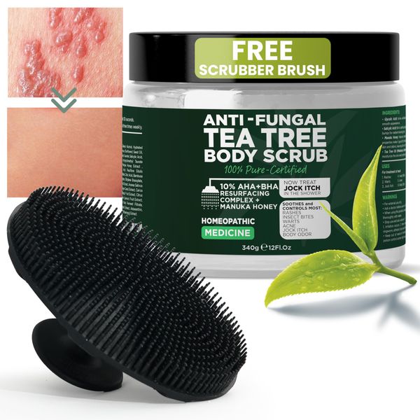 Body Scrub Exfoliator, Antifungal Soap with Tea Tree Oil, Salicylic Acid & Glycolic Acid Body Scrub, Acne Treatment | Free Scrubber Brush