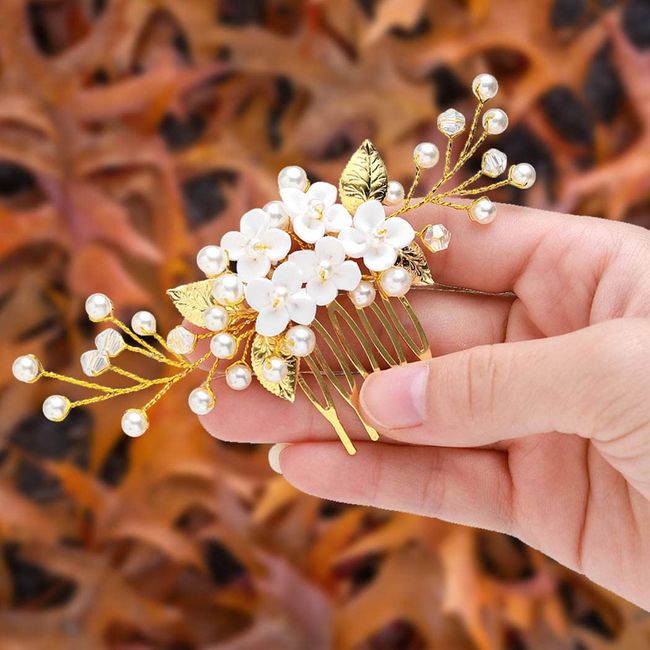 Relandy Flower Bride Hochzeit Haarkamm Gold Perle Kopfbedeckung Braut Haarschmuck für Frauen und Mädchen