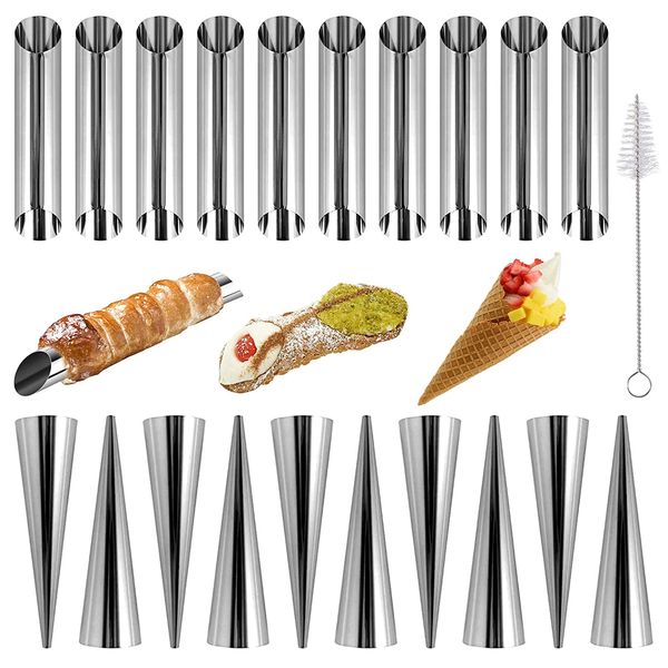 Cream Horn Molds-21 pcs Moulds Stainless Steel Cannoli Form Tubes Cream Roll Mold Screw Croissant Mold Cone Tubular Shaped Mold for Cannoli Tubes Croissant Baking Forms Mould with Cleaning Brush