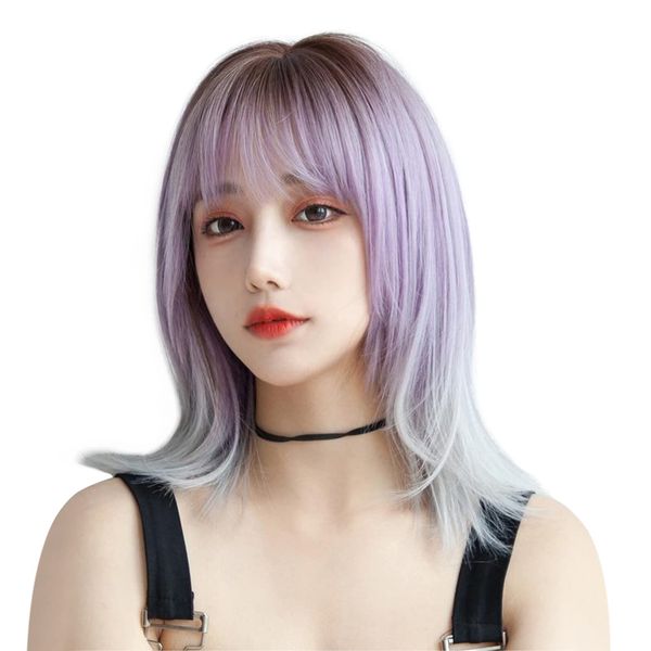 FESHFEN Wig, Semi-Long, Medium, Straight, Women's, Full Wig, Cross-Dressing, Women's, Straight, Lolita, Cosplay, Gradient, Natural, Face Shrinking, Cute, Heat Resistant, With Bangs, Net and Comb (Purple Gradient)