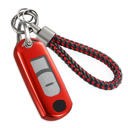 Coverforkey anti-lost Keychain with Metal Braided Rope, TPU Key Case for MZD 3 6 9 CX-5 CX-9 MX-5 Scion iA (Red)