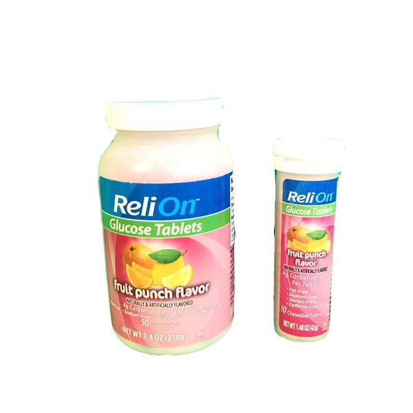 Relion Glucose Tablets Fruit Punch Flavor 50 CT with Portable 10 CT GF