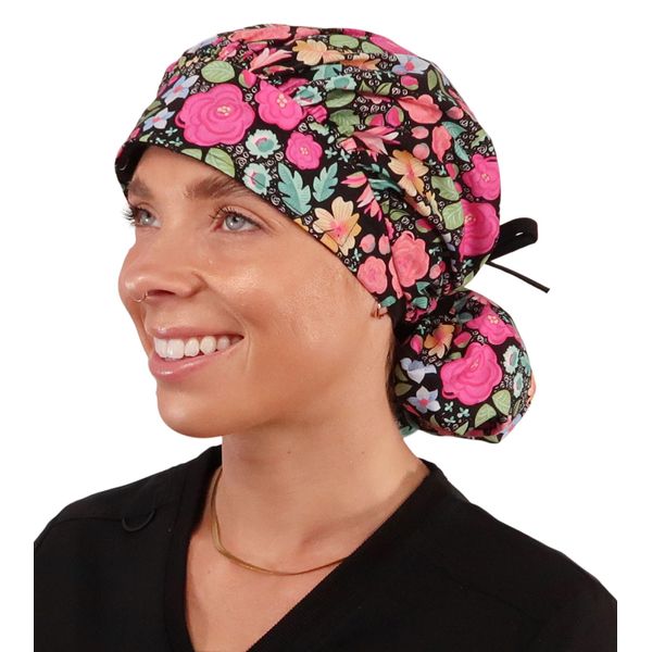 Sparkling EARTH Flowers in Bloom with Black Ties Banded Bouffant Surgical Scrub Ponytail Working Caps - 100% Cotton - Made in The USA