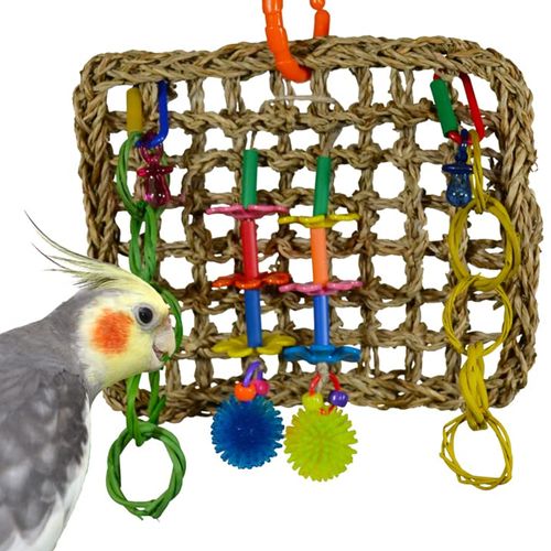 Super Bird Creations SB741 Seagrass Mini Activity Wall with Colorful Foraging Toys for Parrots, Medium Size, 9” x 7” x 2”