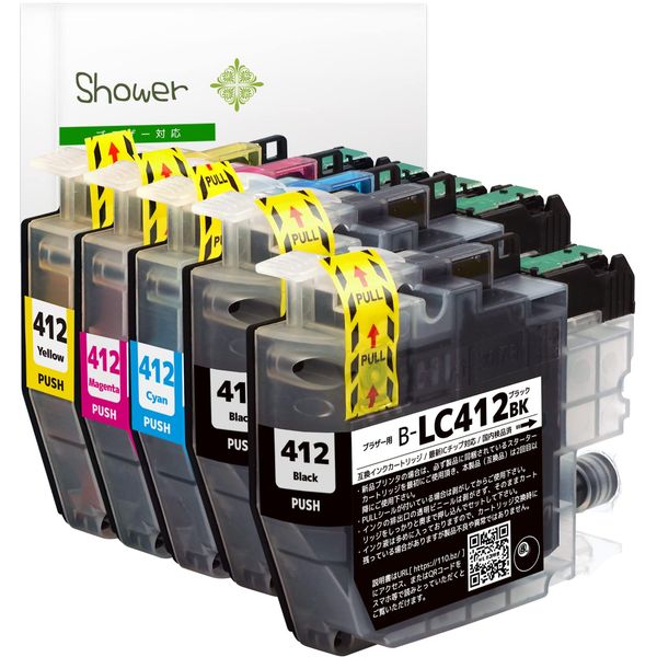 Shower LC412-4PK Ink Cartridge for Brother LC412 (BKx2/C/M/Y), 5-Piece Set, Compatible Ink, QR/WEB Description Included, Made by Green Shower; Made by Green Shower: LC412BK LC412C, LC412C, LC412M, LC412Y