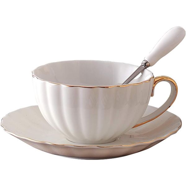 YBK Tech Ceramic Coffee Cup and Saucer Set, 6.8oz Coffee Cup with Gold Rim