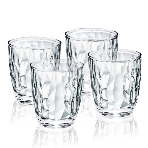 Topsky 10-ounce Plastic Water Tumblers | Set of 4 Transparent Unbreakable Drinking Glasses Clear Acrylic Reusable Juice Wine Cups for Home Picnic Party, Dishwasher Safe, Stackable (Transparent)