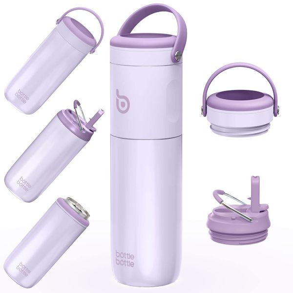 BOTTLE BOTTLE Insulated Water Bottle for Sports with Straw,2 lids,18oz 3IN1 Water Bottles for Slim Can Coolers and Kids Tumbler, Stainless Steel Metal Bottles for Outdoor Activities(Purple)