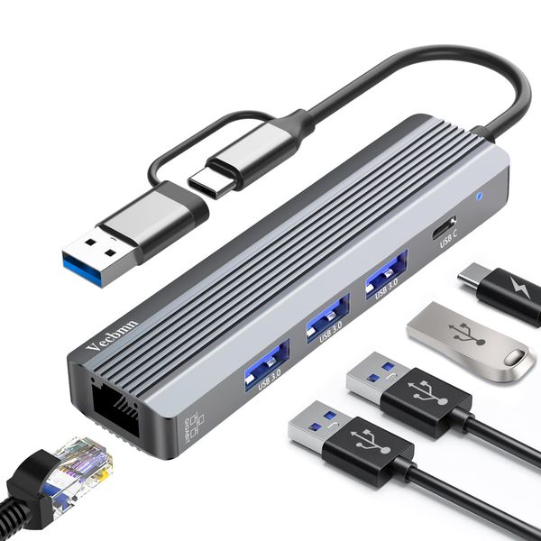 5 In 2 USB C Hub Ethernet 1000M, USB to Ethernet Adapter with 3 USB 3.0, USB C Port, USB-A Port, RJ45 Gigabit LAN Network Adaptor for MacBook, Surface, Laptops with Windows, XP, Vista, Mac/Linux