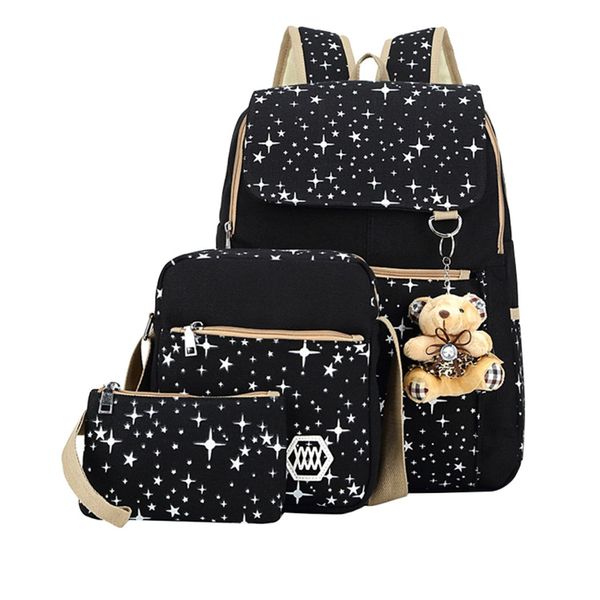 Star Print Girls Black Canvas Backpacks Set, School Bags Bookbags for Teenage Girls, with Crossbody Bag, 3 Pieces