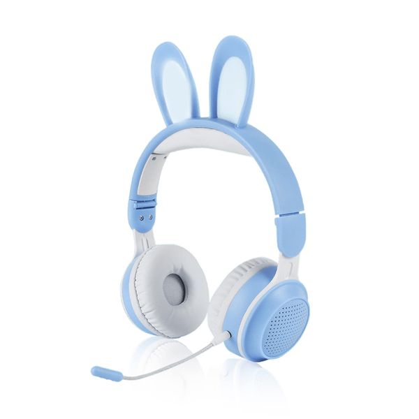 Yunseity Kids Headphones, Bluetooth 5.0 Headphones with Rabbit Ear, Over Ear LED Light Foldable Wireless Headset, Support TF/AUX, Gifts for Kids, Toddlers, Teens(Blue)