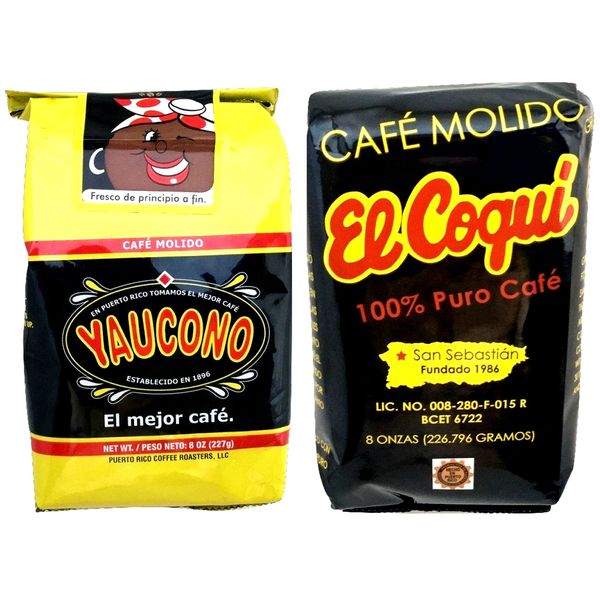 Yaucono Coffee and Café El Coqui Puerto Rican Ground Coffee Variety:– Café Yaucono y Café El Coquí de Puerto Rico - in 8 oz bags (1lb Total)- Two of the best Puerto Rico Coffee