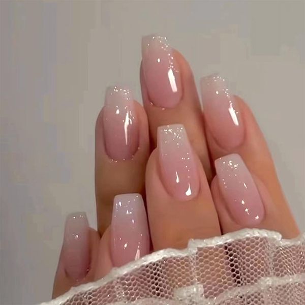 24pcs Coffin False Nails Medium Length, Ombre Stick on Nails Glitter Pink Press Nails Ballerina Fake Nails Removable Glue-on Acrylic Full Cover Nails Women Girls Nail Art Accessories