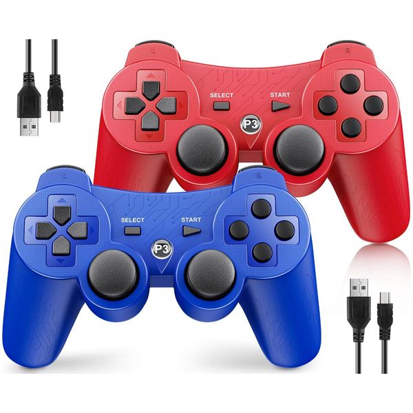 OKHAHA Controller 2 Pack for PS3 Wireless Controller for Sony Playstation 3, Double Shock 3, Bluetooth, Rechargeable, Motion Sensor, Remote for PS3 (With Stripes(Blue + Red))