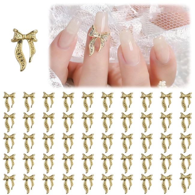 50 Pcs Gold Nail Charms Bows with Glittering Mini Diamonds - 3D Bow Charms for Nail Bowtie Decorations and Bow Shaped Charms for Women's Nail Jewelry